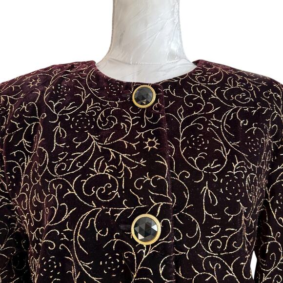 Vintage Maroon Velour Gold Glitter Jacket Women Sz Medium 90s Sparkle Christmas - Picture 5 of 16